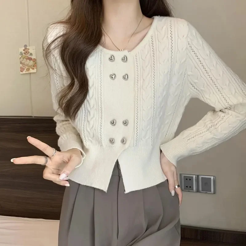 Autumn Winter Short Sweater Jacket 2024 New Double-Breasted Loose Women's Clothes Solid Colour Fashion  Knitwear Coat Female