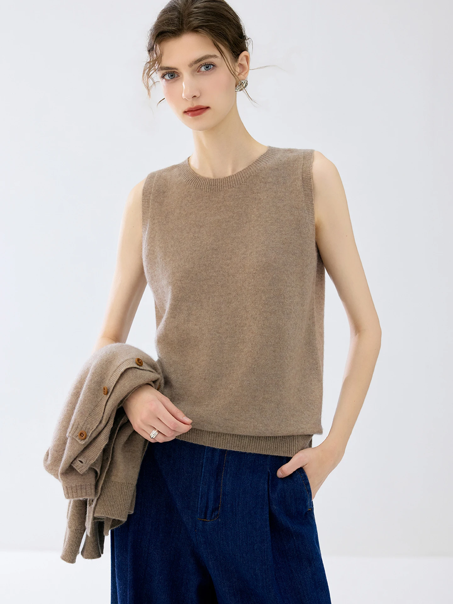 Autumn Winter Basic Versatile O-neck Cashmere Knit Vest Women's Soild Pullover Sleeveless Seamless Knit Waistcoat Comfortable