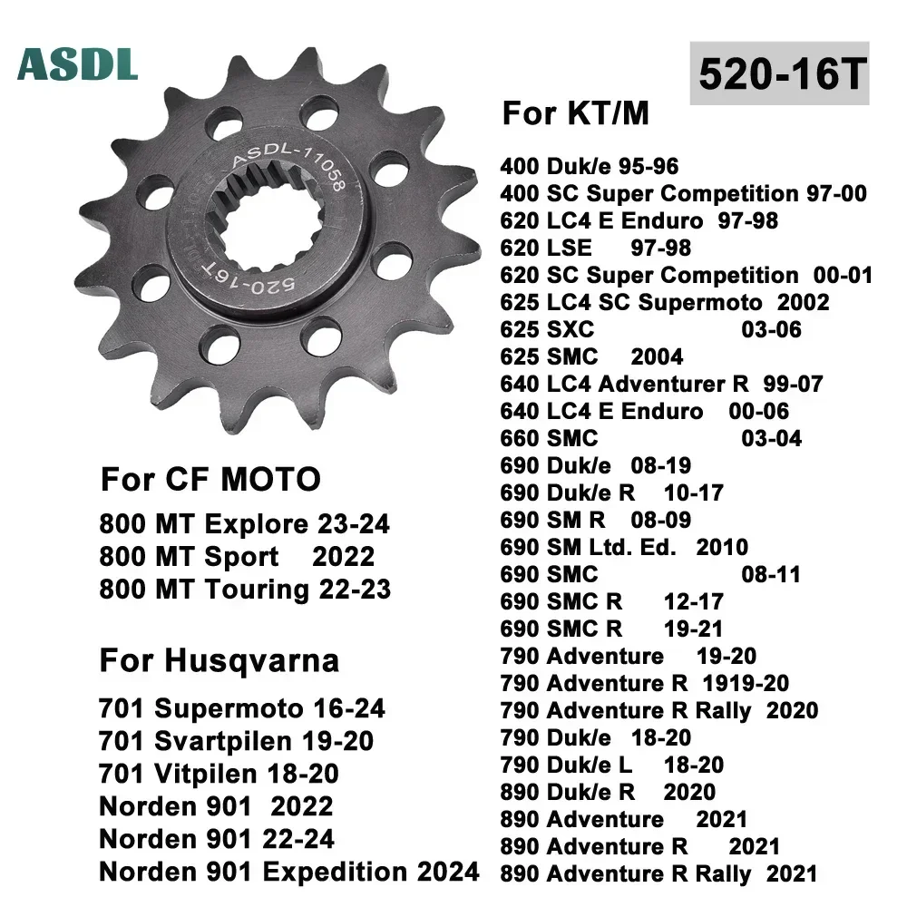 

Motorcycle Front Sprocket 16T For KT/M 400 Duk/e SC 620 625 640 LC4 LSE SC SXC 690 Duk/e 08-19 SMR SMC 790 890 Duk/e Adventure