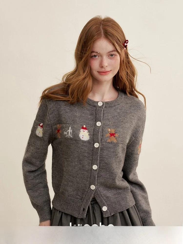 

Kroche Cisas Aosphere Wool Blend Bear Snowman round Ne ey Knitted Open Cardigan Women's Loose Fit Knitted Sweater