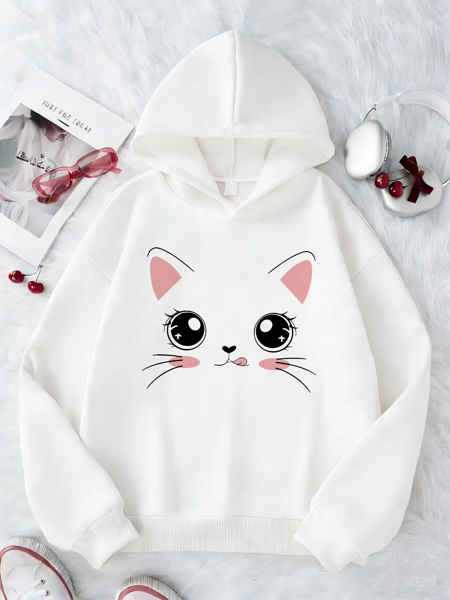 Katzen-Hoodie, süßes Kawaii-Anime-Gesicht, rosa Ohren, Mädchen, Kinder, Cartoon, Y2K-Ästhetik, weiß, Oversized, lässiger Sport-Sweatshirt – Detail 2