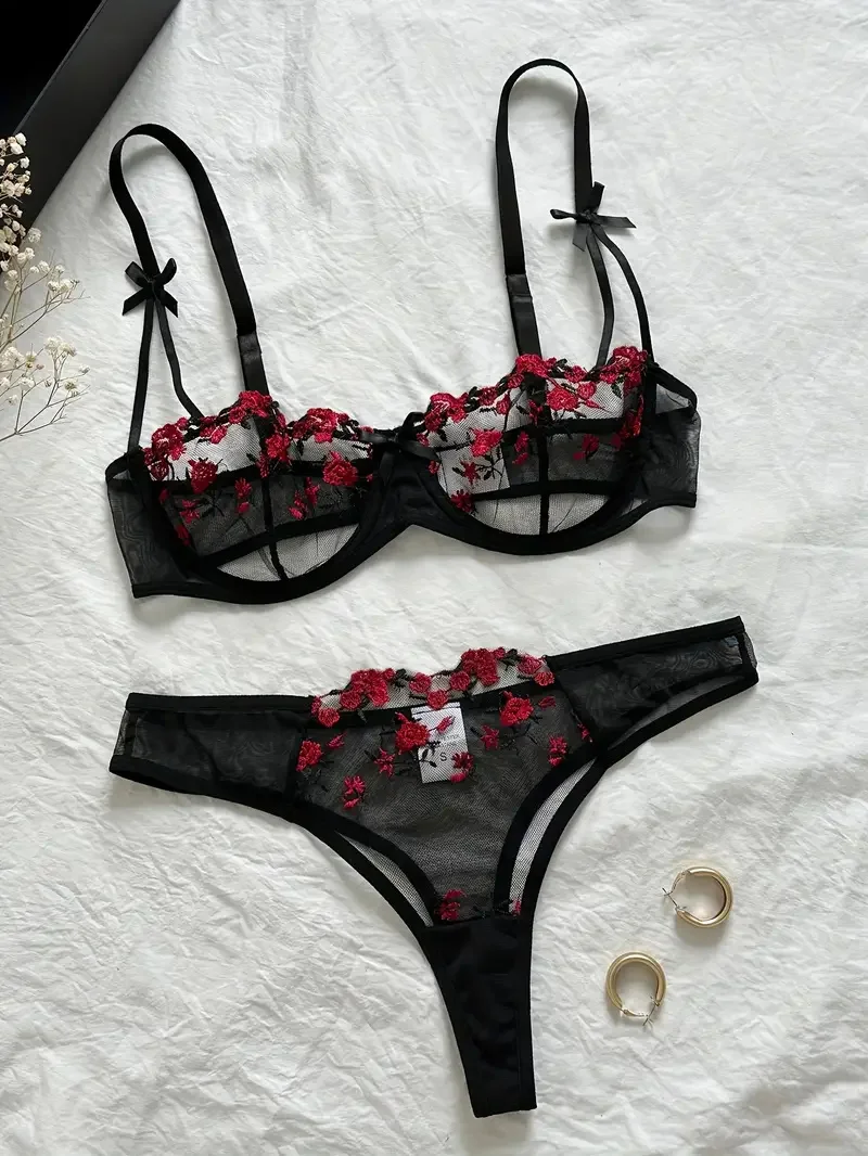 Floral Embroidery Lingerie Set, Mesh Unlined Bra & Mesh Panty, Women\'s Sexy Lingerie & Underwear