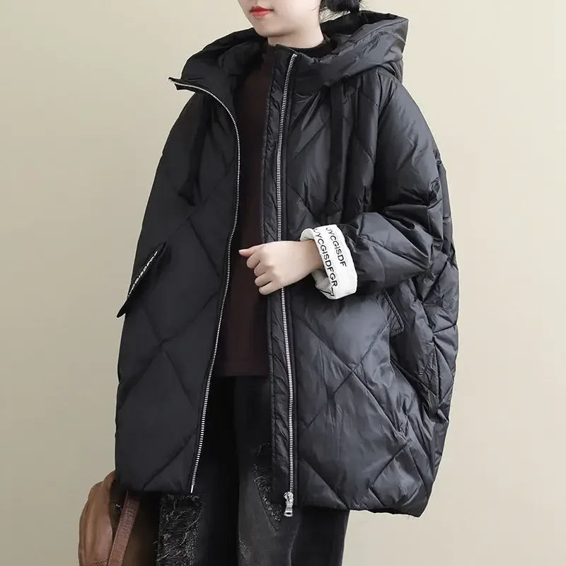 Fashionable Loose Fitting Parka for Women's Korean Winter Mid Length Fluffy Hooded Pocket Quilted Solid Color Warm Jacket 2023