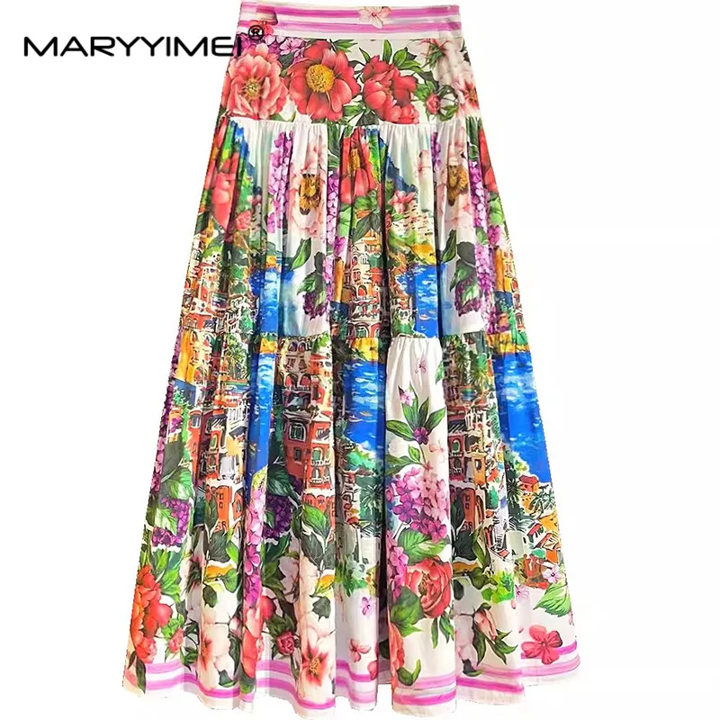 MARYYIMEI Elegant Vacation Floral Women\'s Summer Fashion Print Design Slim Cotton Pleated Skirt