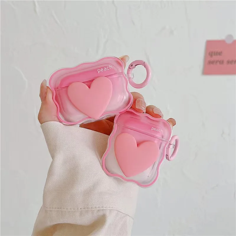 3D Cute Heart Earphone Case For Apple Airpods 1 2 Pro Cover Fashion Headphones Cases For Airpods 3 Charging Box With Keyring