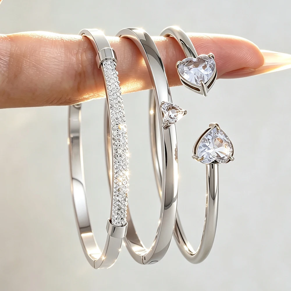ZAKOL 3-teiliges Set 316 Edelstahl-Armbänder Glänzender Herz-Zirkon Offener Armreif Valentinstag Gestapeltes Handgelenk-Schmuckset Geschenke – Detail 3