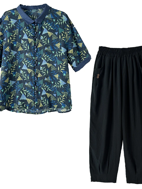 Faionable Slimming Cotton Linen Set Svel Printed irt Elastic Waist Eighteen Harlan Pants Casual Two-piece Set Women