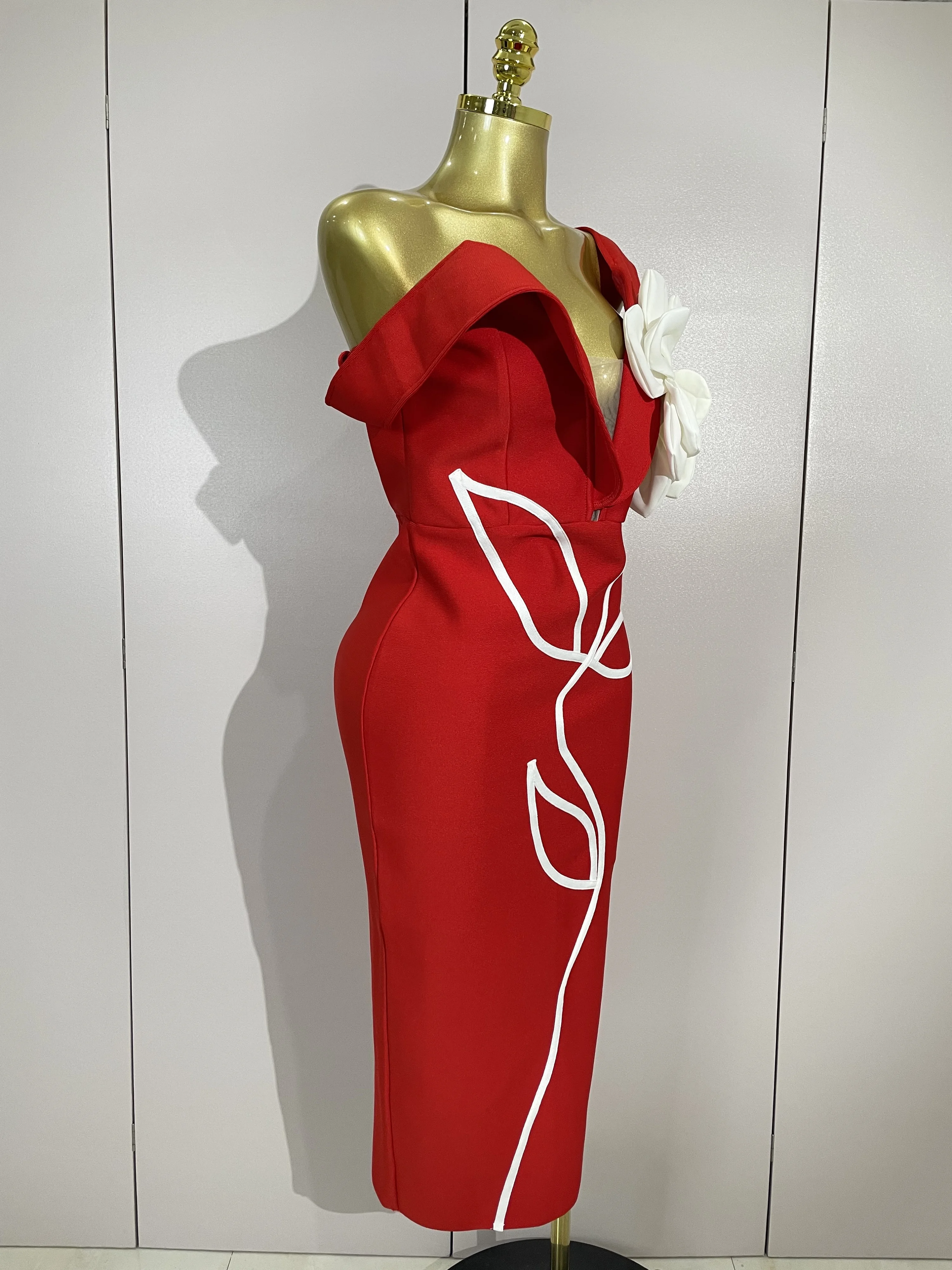 مثير قبالة الكتف زهرة بيضاء أسود أحمر Bodycon ضمادة فستان طويل المرأة الفاخرة المشاهير مساء نادي أنيقة رداء حفلات #4