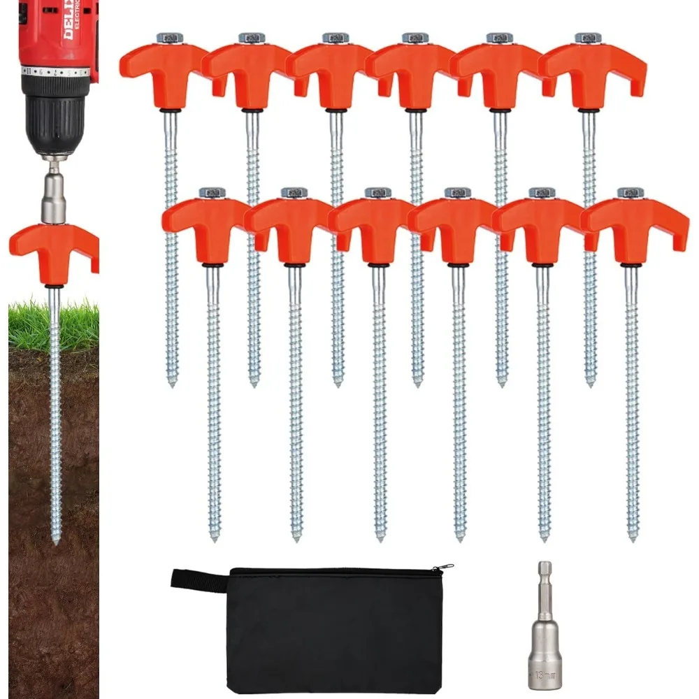 

12 Pack Screw in Tent Stakes Heavy Duty,8 Inch Ground Anchors Screw in,Metal Stakes with Hex Head Driver,Camping Tent Accessorie