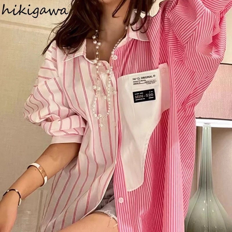 

Y2k Blouses for Women Fashion Irregular Contrast Color Striped Shirts Oversized Tops Casual Korean Blouse Camisas De Mujer 2024