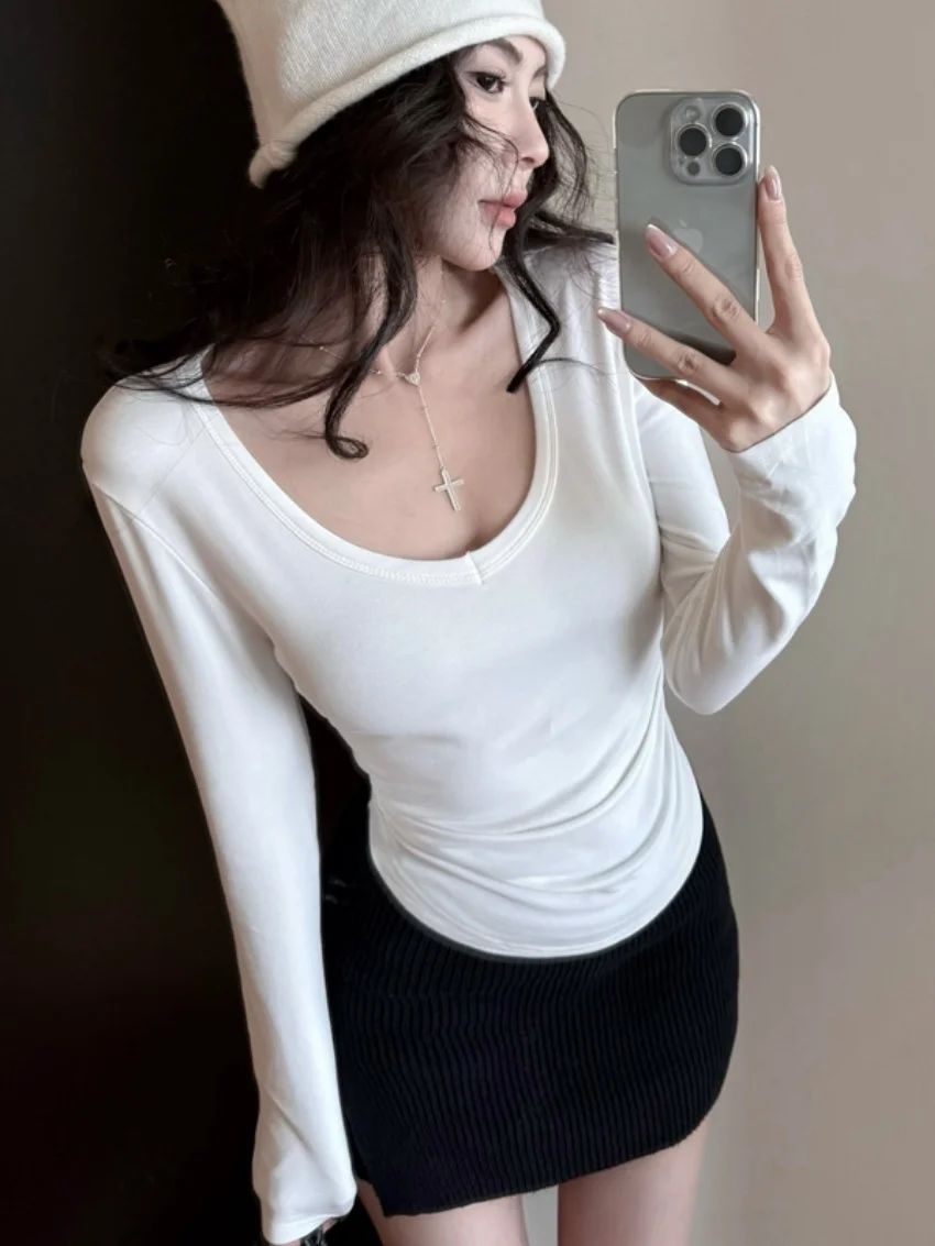 الغريبة كيتي Basewear تي شيرت نحيل شيك الصلبة المرأة أفخم الشتاء كم كامل جديد رشاقته الدافئة اليومية الخامس الرقبة OL كل مباراة تيز #3