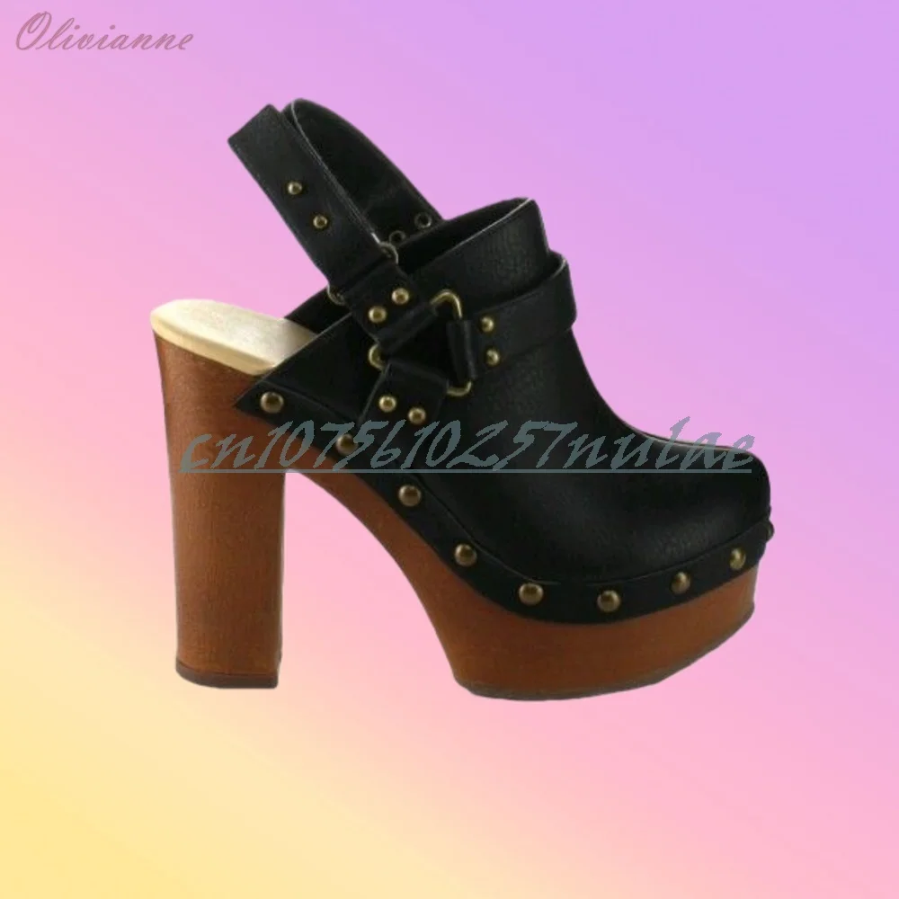 

Round Toe Rivets Decor Slingback Pumps Retro Styly Chunky High Heel Black Sexy Outdoor 2026 Hot Summer Women Shoes Para Mujere