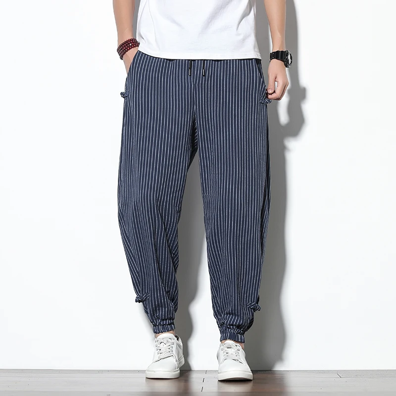 M-5XL Plus Size Mens Striped Harem Pants with Pockets Drawstring Elastic Waist Cuffed Pants for Men Casual Stretwear Clothing