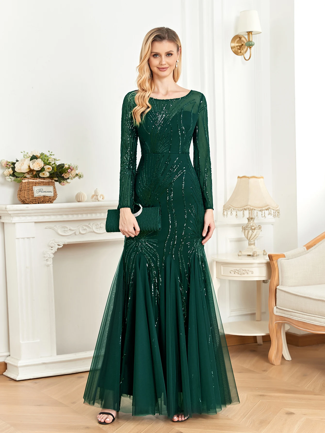 XUIBOL   Elegant Long Sleeve Sequin Tulle Dress for Party Luxury Evening Gown