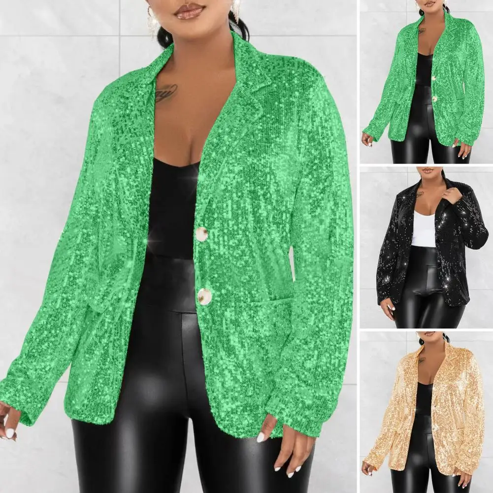 Abrigo de traje con lentejuelas para mujer, abrigo elegante con solapa y bolsillos con solapa y lentejuelas brillantes, un solo pecho, primavera