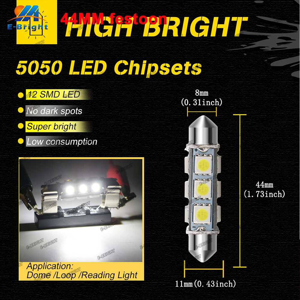 2PCS 44mm 578 212-2 Led Bulb 569 C5W 12V Festoon Bulb Car Interior Map Dome Reading Ceiling Pate Number Lamp White Festoon Bulb