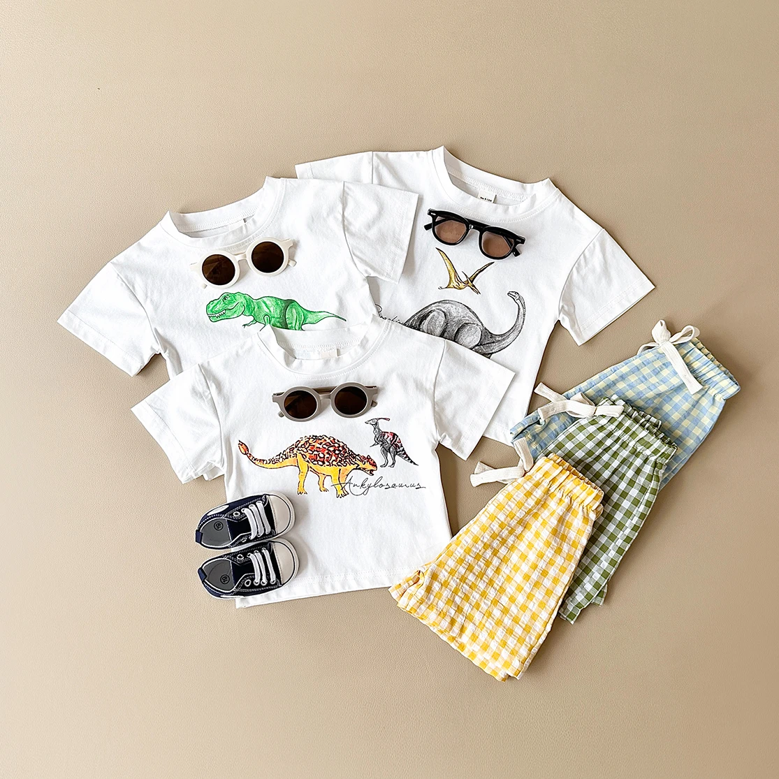 2024 Newborn Baby Boys Clothes Set Casual Dinosaur Printed Short Sleeved T-shirt+Checkered Shorts Girls Summer Children Set 0-3Y