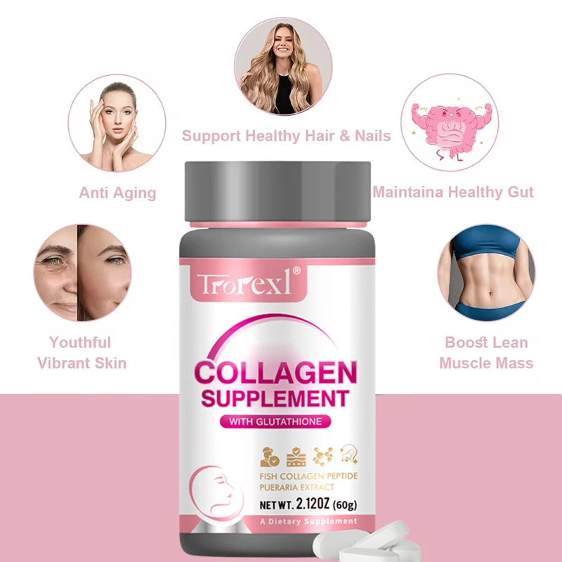 Trorexl Collagen Glutathione Tablets - Whitening, Smooth and Firm Skin, Increase Muscle Mass, Hair, Skin & Nails, Immune Support