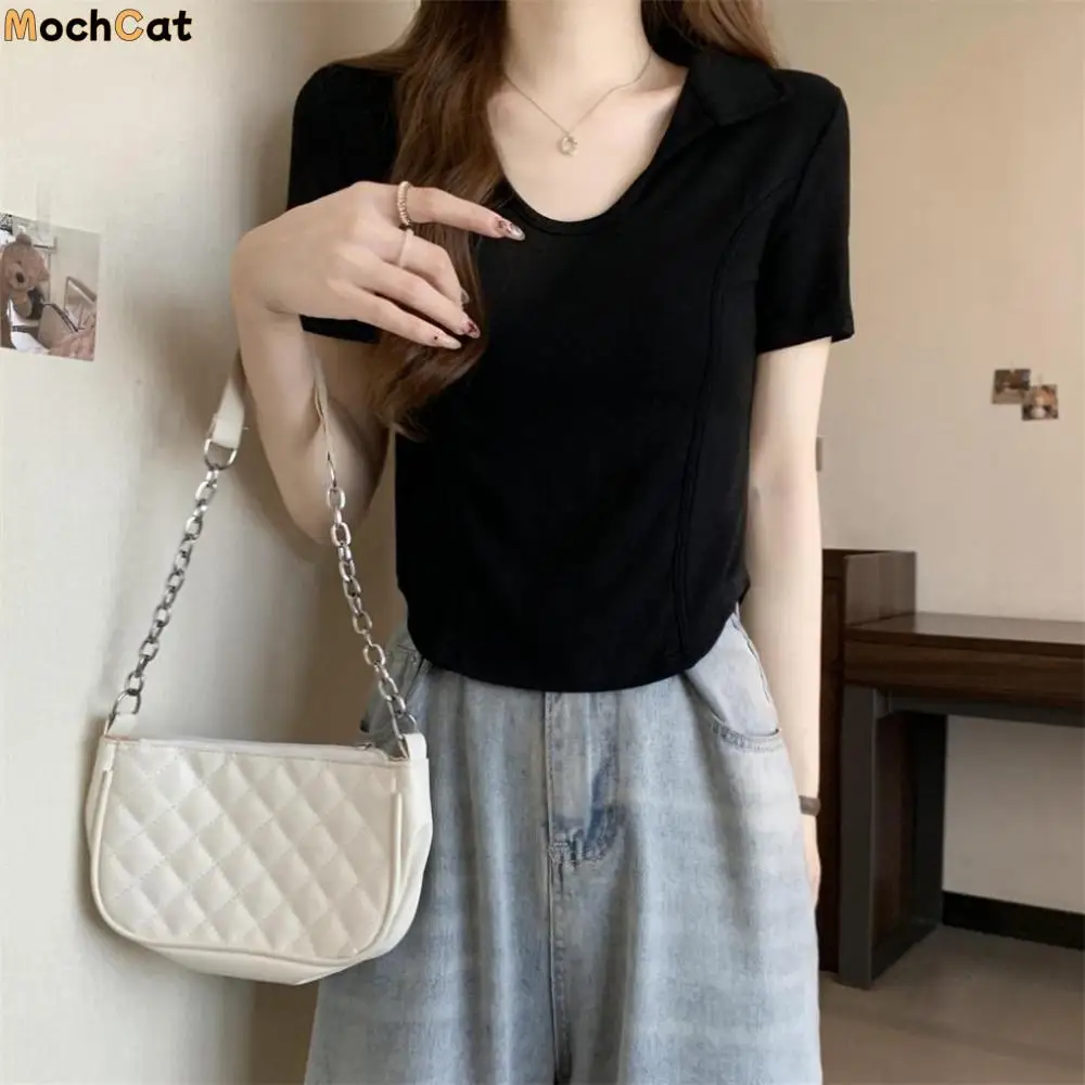 

Elegant V-neck Short Sleeve T Shirt Pullover All-match Y2k Crop Tops Women Fish Bone Chic Polo Neck Blouses Woman