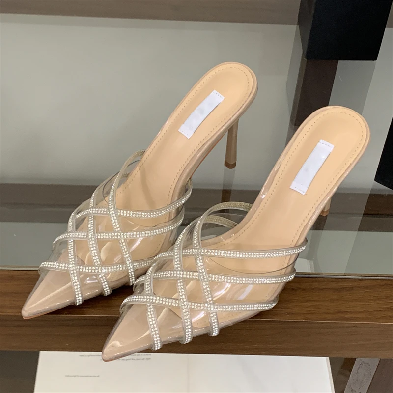 

Aneikeh Sexy Street Style Thin Heels Elegant Rhinestone Design PVC Pointed Tip Pumps Women Sandals Banquet Mule Shoes