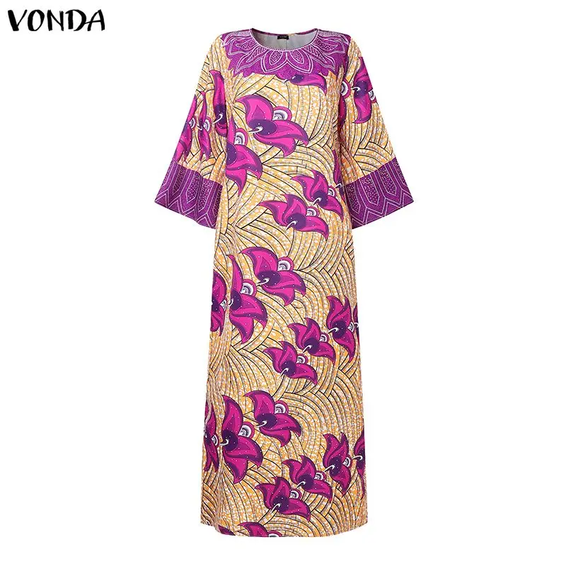 VONDA Plus Size 5XL Bohemian Print Maxi Dresses Fashion Women Vintage Long Vestidos Casual Party Robe 3/4 Sleeve Curve Sundress