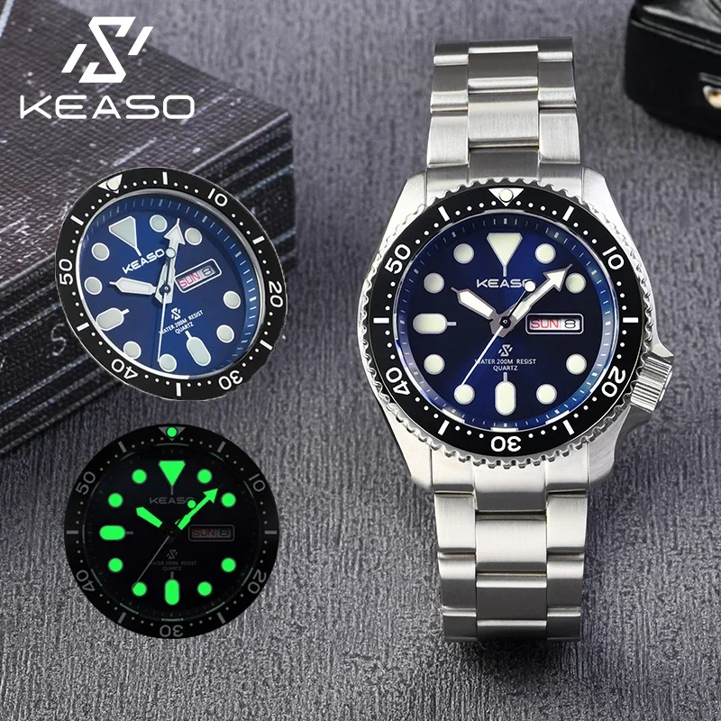 KEASO New Dive Men Quartz Watch Sapphire Ceramic Bezel RONDA 2105 Movement 20ATM Waterproof C3 Luminous Solid 316L Steel Watch