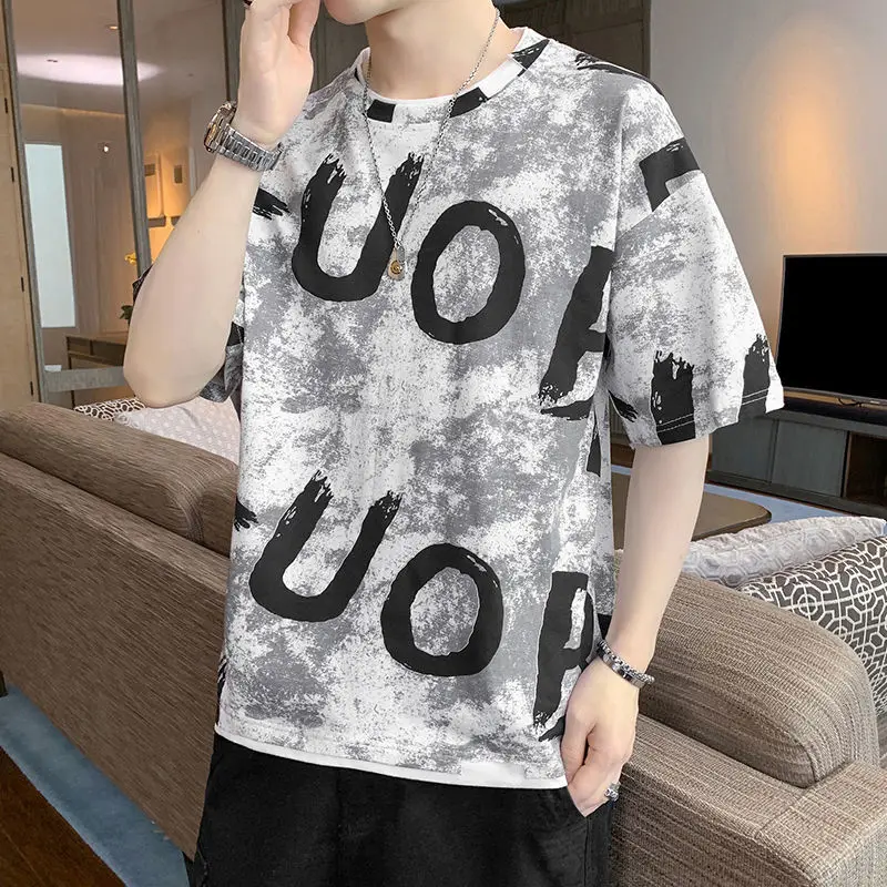 Fashion O-Neck Printed Spliced Fake Two Pieces T-Shirt Men\'s Clothing 2024 Spring New Casual Pullovers Loose Korean Tee Shirt