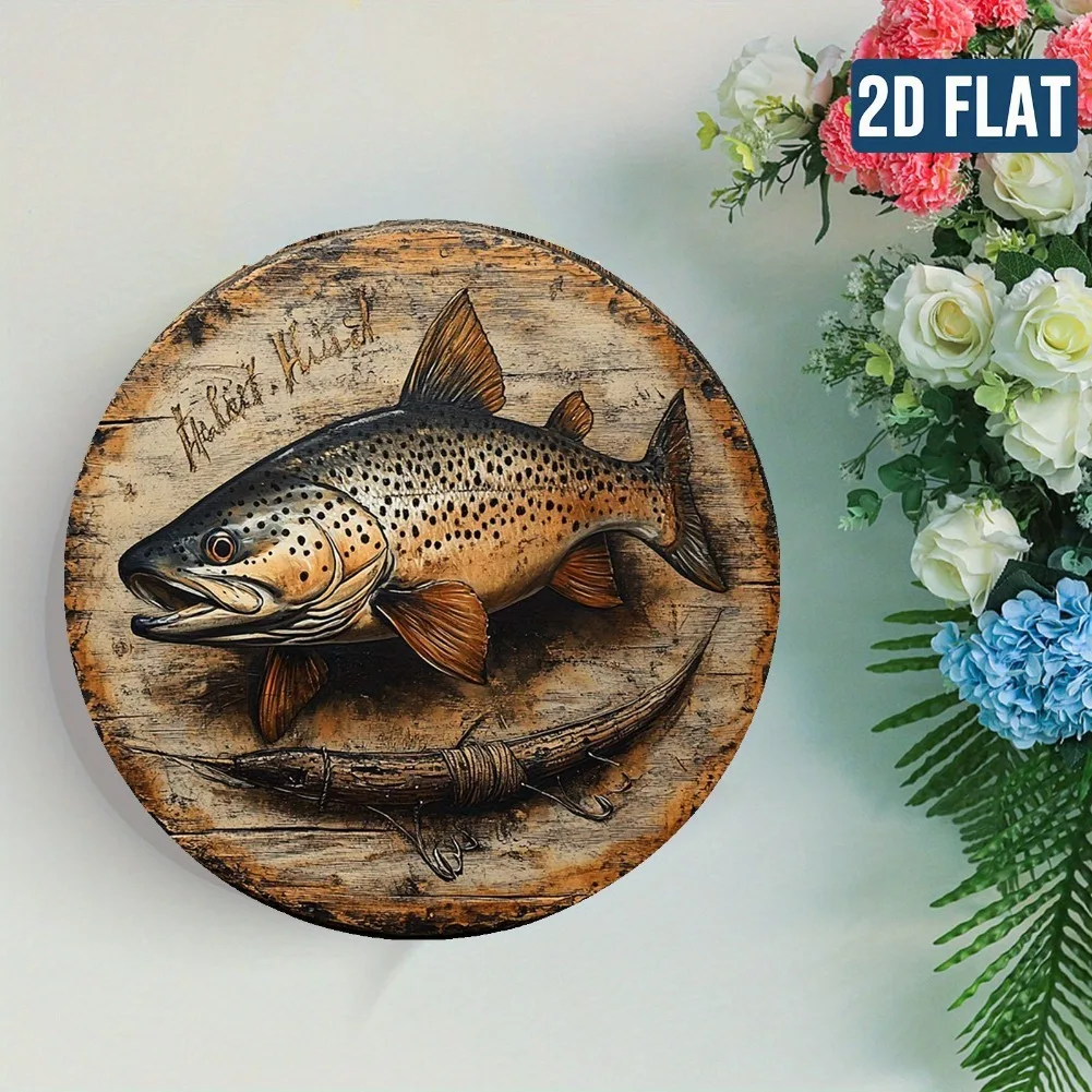 ديكور حائط معدني مسطح ثنائي الأبعاد لصيد الأسماك - فن سمك السلمون المرقط البني - لافتة ألومنيوم مقاومة للماء والغبار - سهلة التعليق