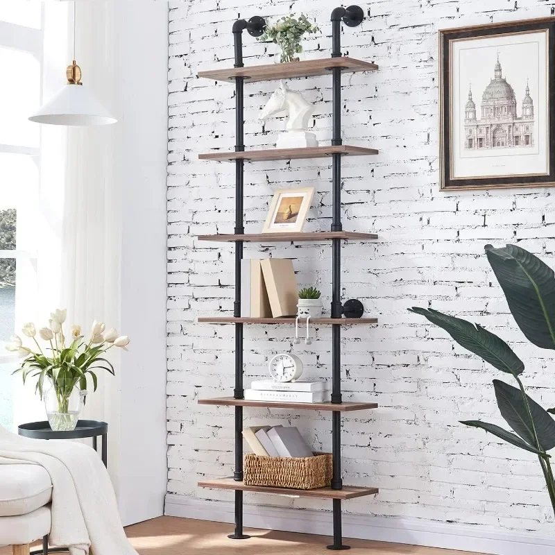 

Industrial Bookshelf 6-Tier Modern Ladder Shelf, Vintage Metal Pipes and Wood Shelves, Rustic Display Bookshelf for Storage