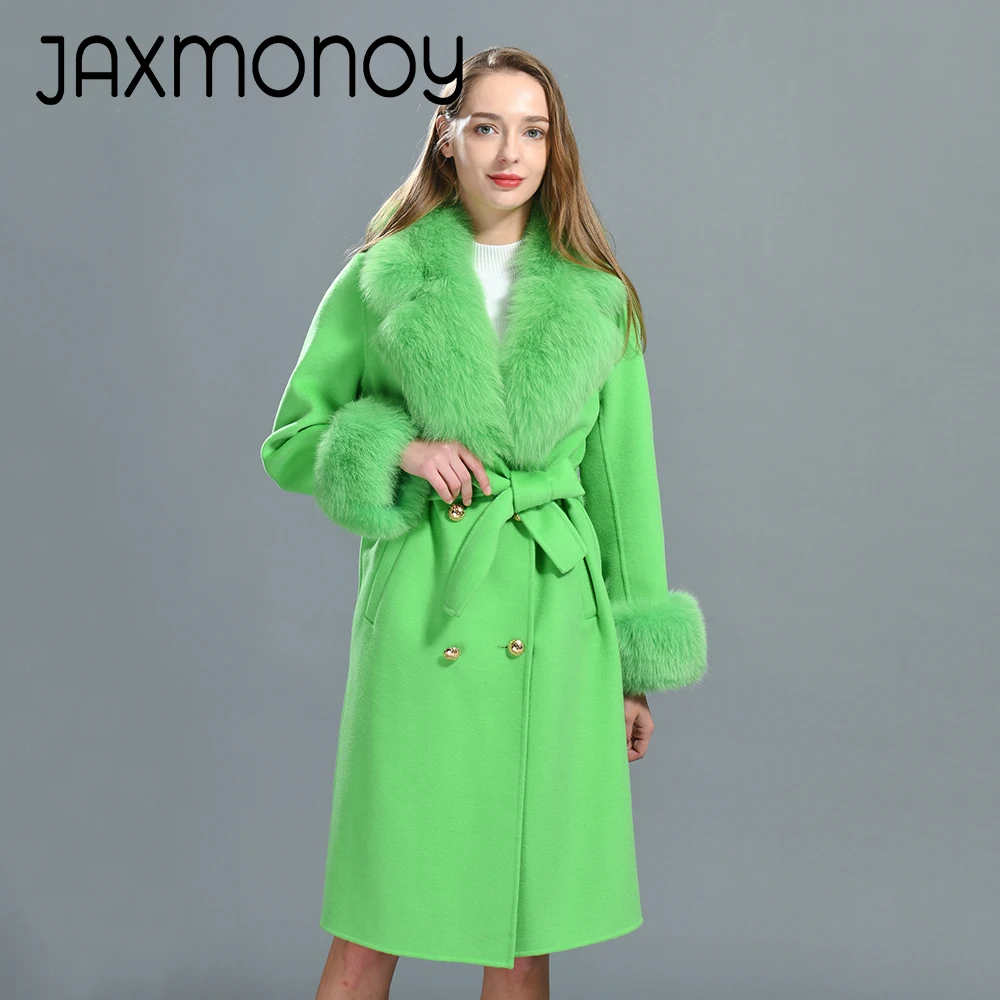 

Jaxmonoy Women Cashmere Coat With luxury Real Fox Fur Collar And Cuffs Ladies Wool Blend Trench Full Sleeve With Blet Outwear