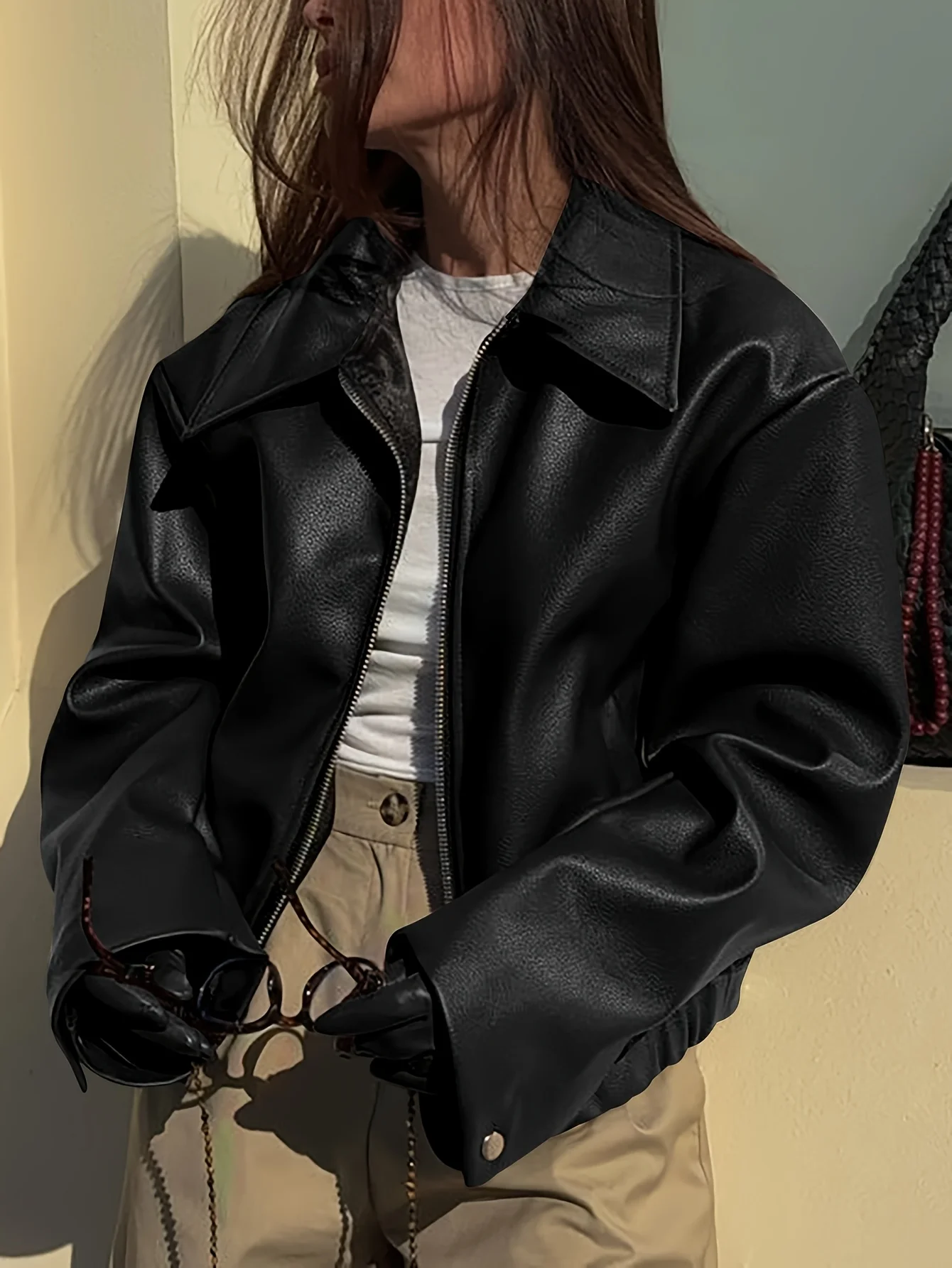 Cool ort cuir Jaet femmes décontracté américain Sle rétro Biker vêtements fermeture éclair coupe ample longue Sve col montant manteau