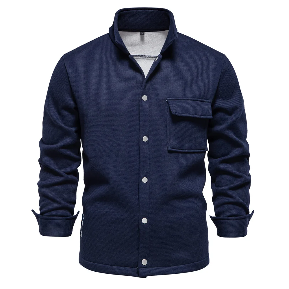 Autumn Winter Fleece Waffle Lapel Zip-Up Jacket Men's Pocket Casual Outerwear