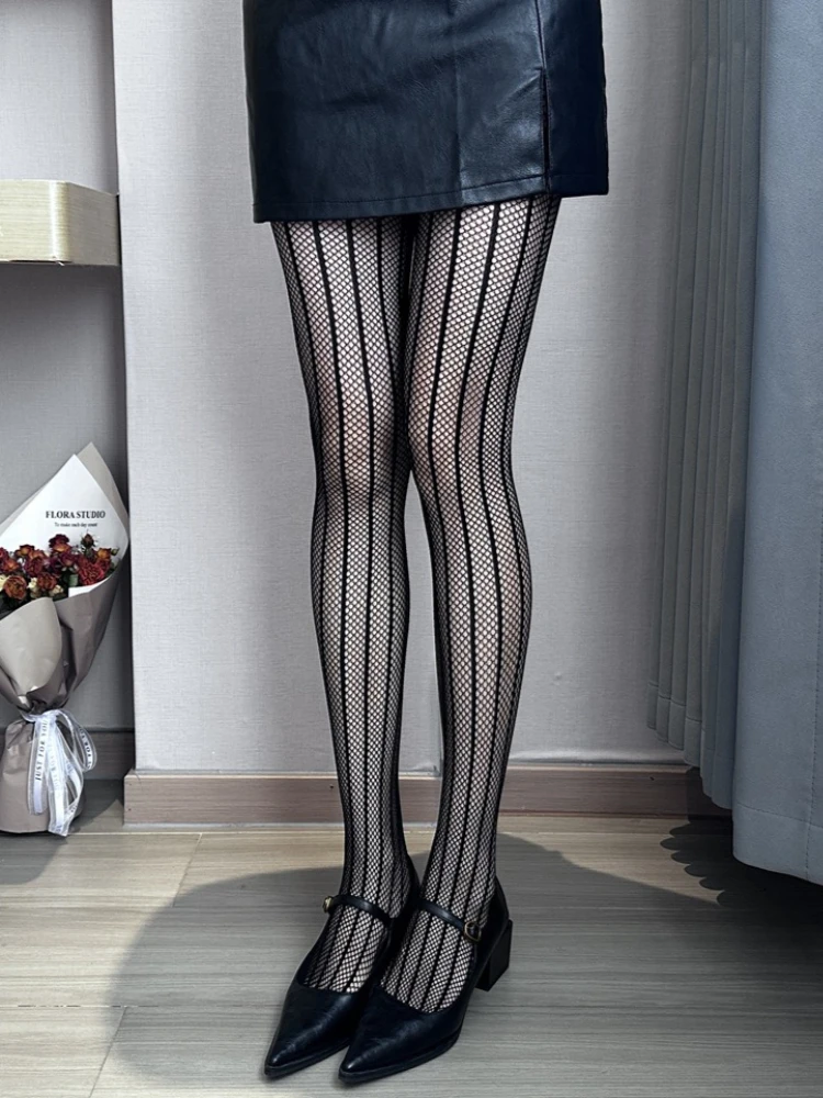 Women Sexy Striped Fishnet Stockings Japanese Style JK Lace Openwork Pantyhose Summer Thin Black Nylon Elastic Anti-snag Tights