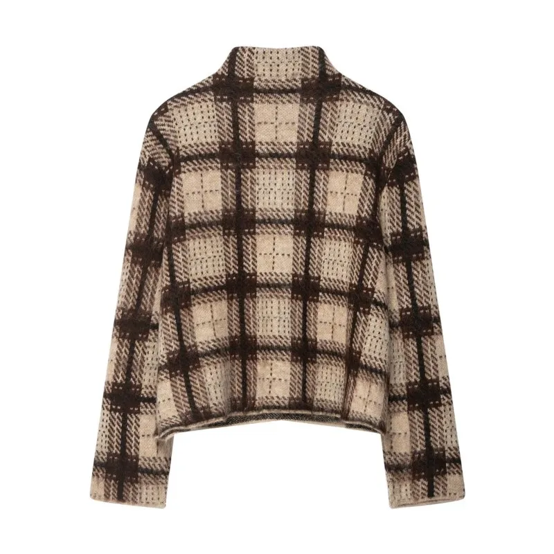 Knitted shirt women Retro 2025 autumn/winter casua lazy Checkered Jacquard Half High Neck Shirt long sleeved basic Simple