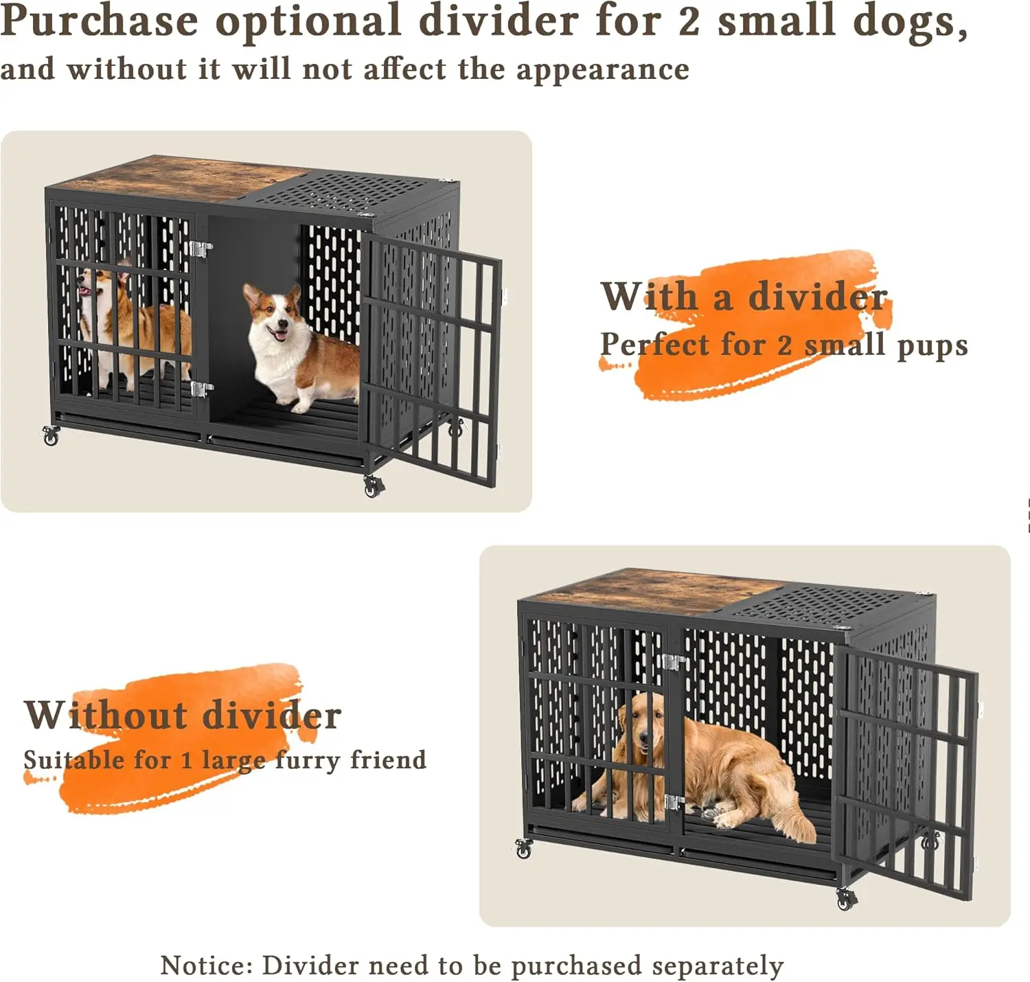 48inch Heavy Duty Dog Crate Compatible with Optional Divider, Extra Large Kennel for High Anxiety Dogs, Indestructible Pet Cage