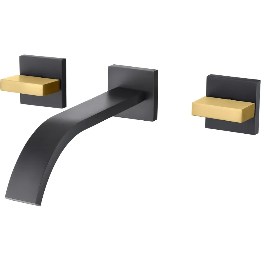 Torneira de parede para pia de banheiro com acabamento preto e dourado com duas alças e válvula robusta para lavatório moderno