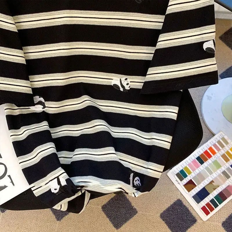 Lovely Stripe Lesser Panda Cartoon Black White Leisure Loose Ventilate Comfort Elasticity Men's Short Sleeved Summer 20224