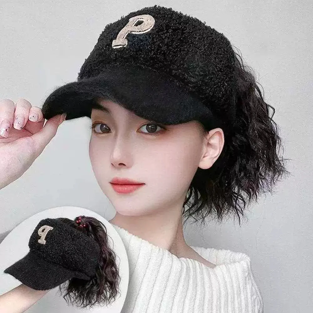 Synthetic hat wig short hair Wavy one female fashion autumn and winter new Baseballl hat heat-resistant wig ﻿