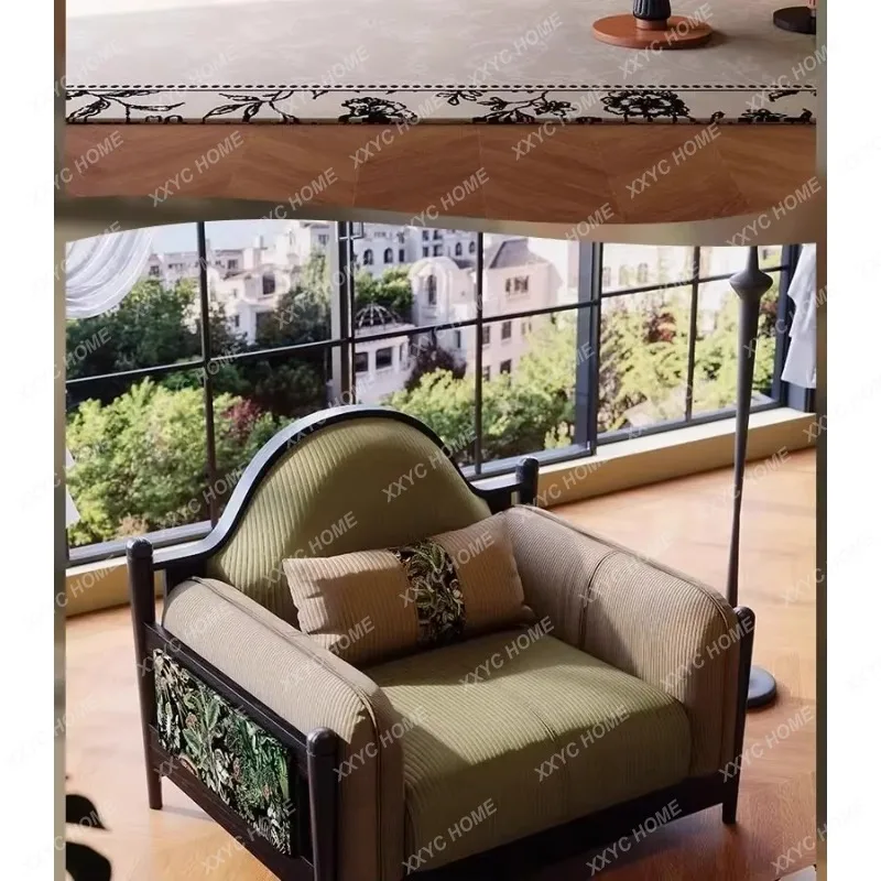 YDZMedieval style living room three-person fabric sofa retro corduroy solid wood sofa
