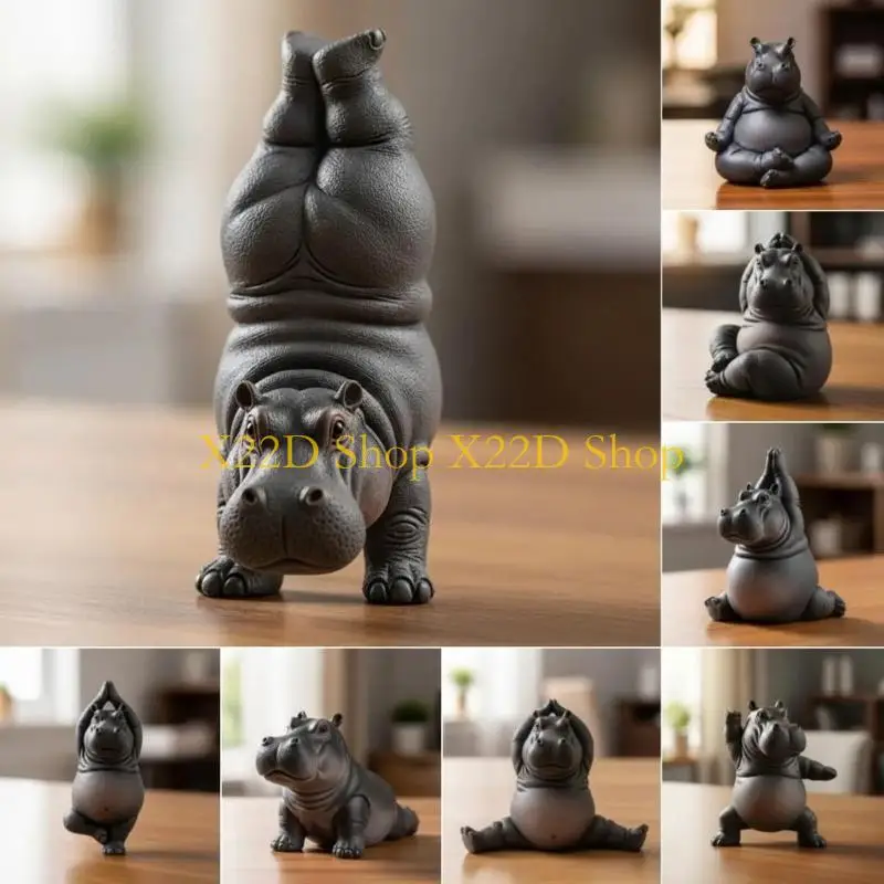 X22D Plastic Meditating Clumsy Hippo Statue Meditations Gift Home Office Desk Decors