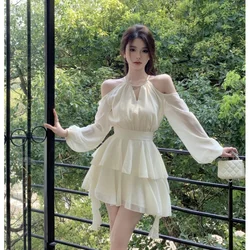 French Style White Dress Women's Summer Fitted Waist Sweet Short Skirt Cut-out Ruffled Design Cake A- line Skirt