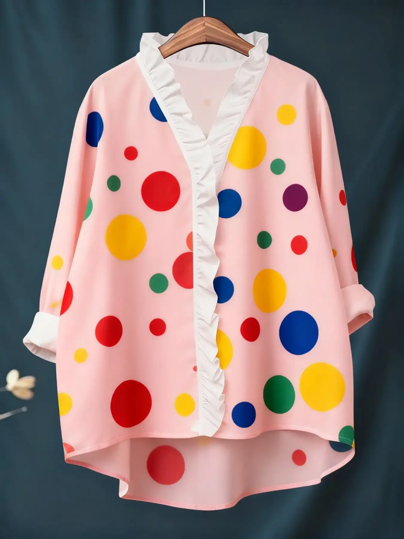 New women's printed long sleeved shirt with ruffled neckline, Lightweight seasonal fashion shirt