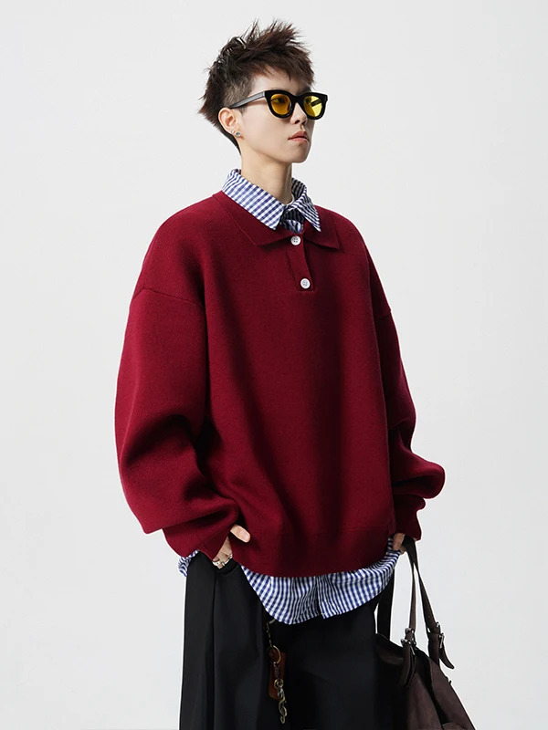 

Красный вязаный свитер для мужчин, зимний повседневный, с эффектом двухслойности, отложным воротником, теплый и мягкий, из нейлонового материала, на каждый день