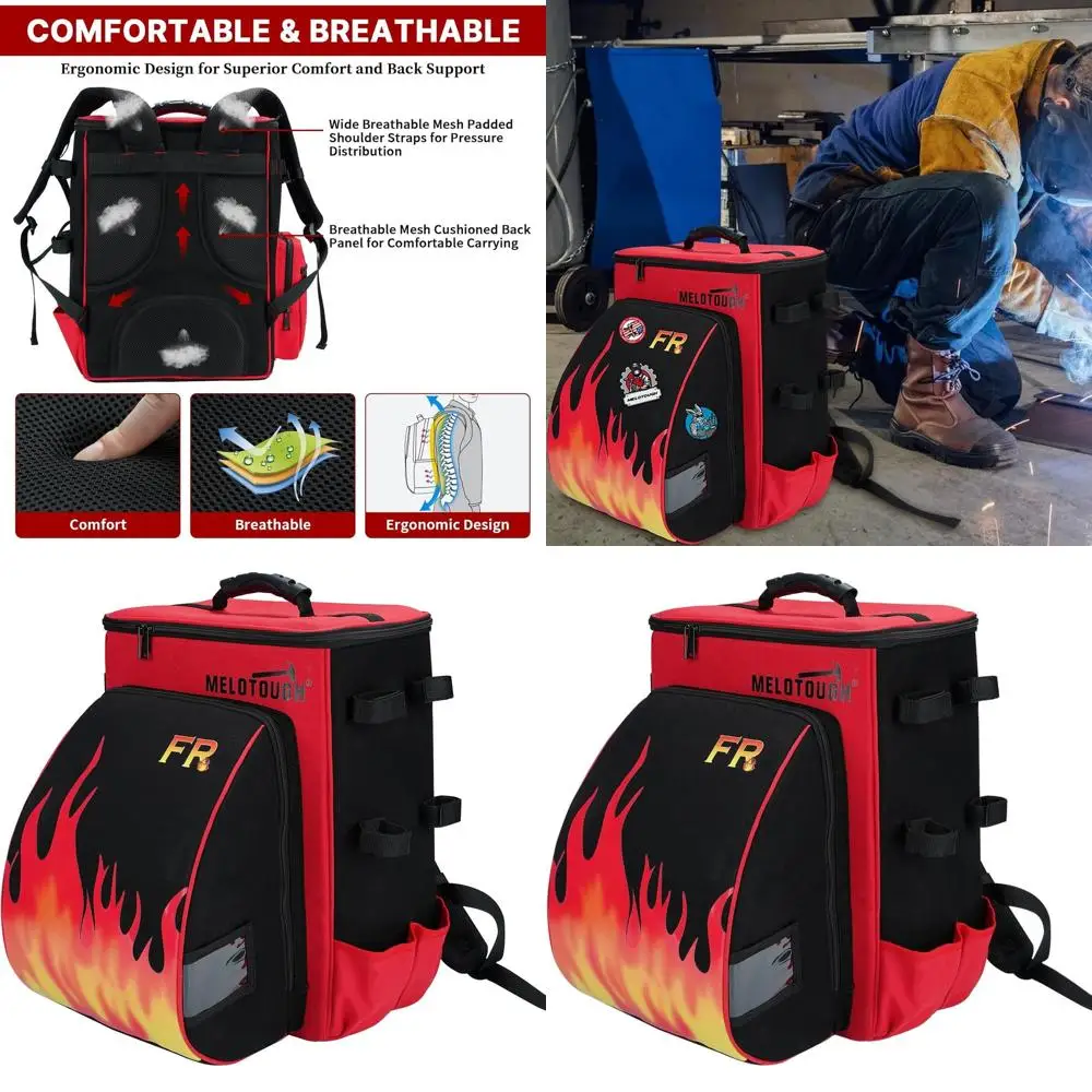 

Fire-Resistant Welding Backpack with 32.56L Capacity for Tools, Helmet, and Accessories (Red)