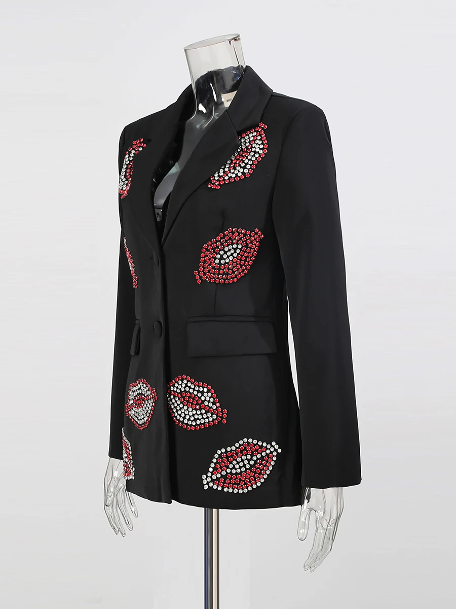 CHICEVER Solid Spliced Diamonds Lips Chic Jacket Female Lapel Long Sleeve Office Lady Women's Jackets Autumn Fashion New Style