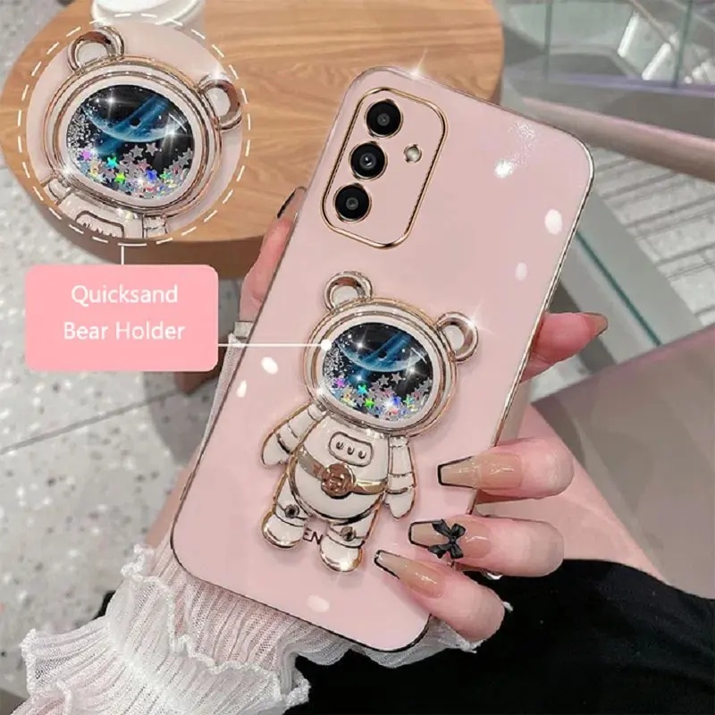 Phone Case For Samsung Galaxy A34 5G 34 Soft Silicone Luxury Plating Cartoon Bear Fold Stand Phone Case Cover