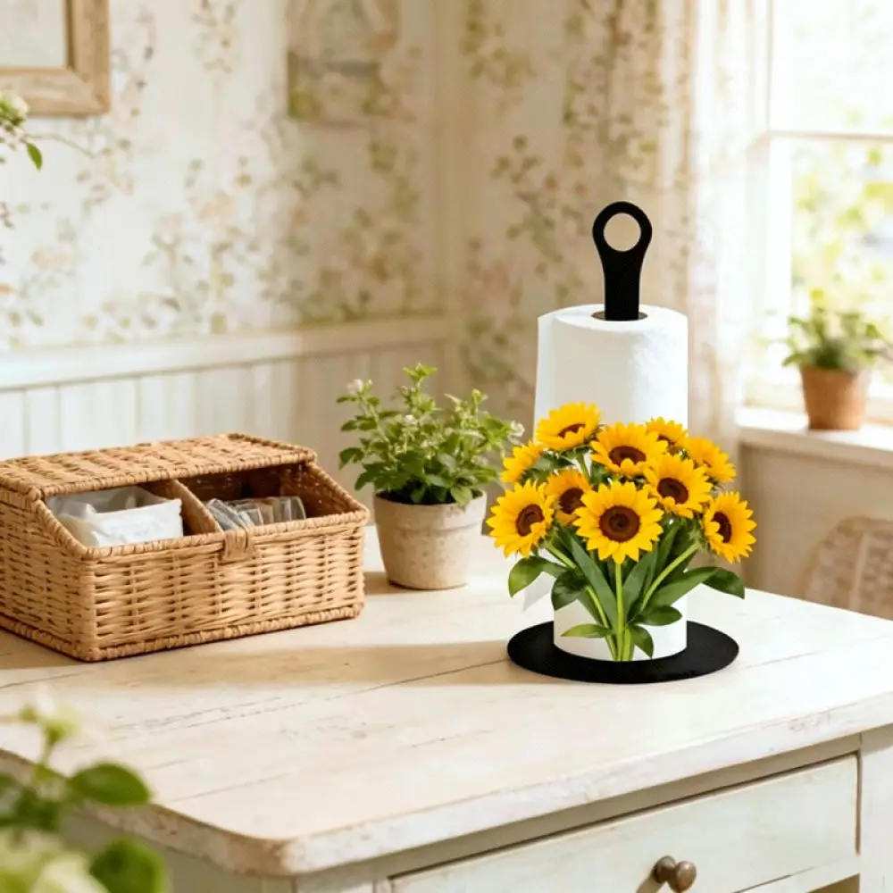 Rustic Sunflower Wooden Paper Dispenser Farmhouse Kitchen Tissue Stand Decorative Napkin Organizer Desktop Storage