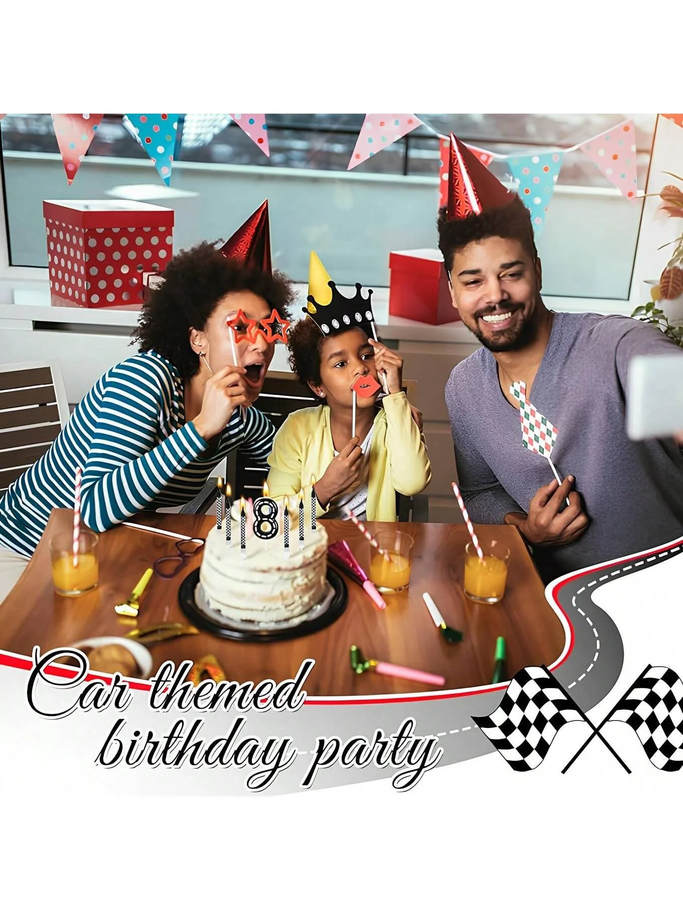 7Pcs Racing Cars Themed Birthday Candles Black and White Checkered Candle 1 to 9 Number Candle Truck Candle Cake Topper for Raci