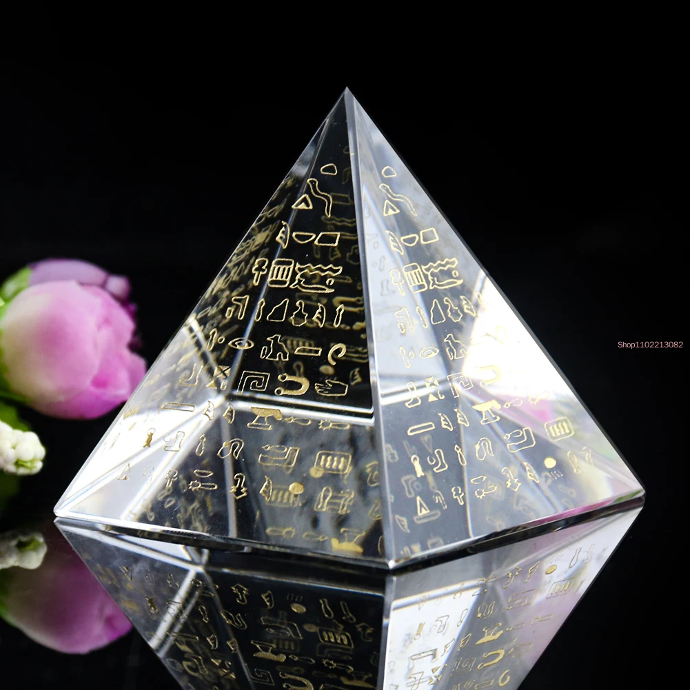 K9 Crystal Laser Carving Ancient Egypt Cuneiform Rune Spell Pyramid Prism Ornaments Crafts Paperweight EMF Meditation Home Decor