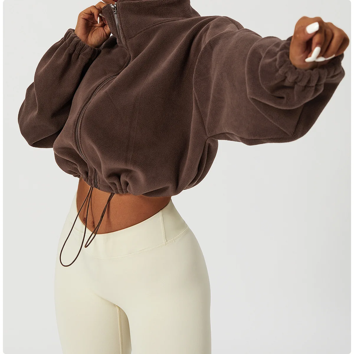 THRUM Loose Cropped Jacket Loose Zipper Sweatshirt Y2k Long Sleeve Coat Cardigan Sportswear Streetwear Drawstring Tops Clothing